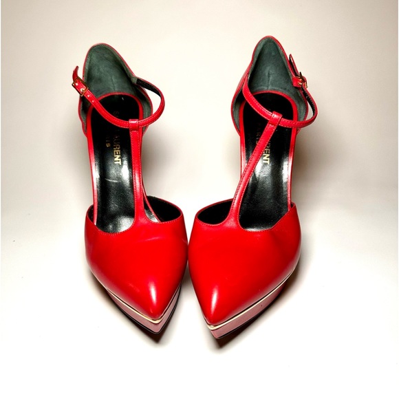 Saint Laurent Red Leather Ankle T Strap Stiletto Shoes size 36 or U.S. 6 - Picture 1 of 10